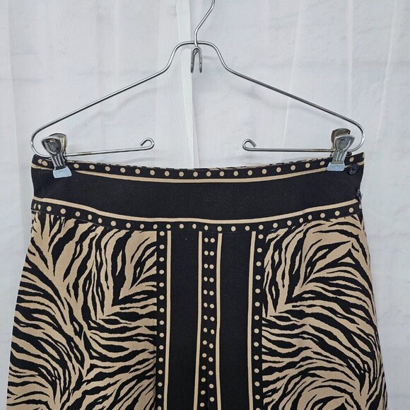 Silkland Tan Black Animal Print Pleated A-Line Skirt Tribal Safari Office 6 - Picture 2 of 14
